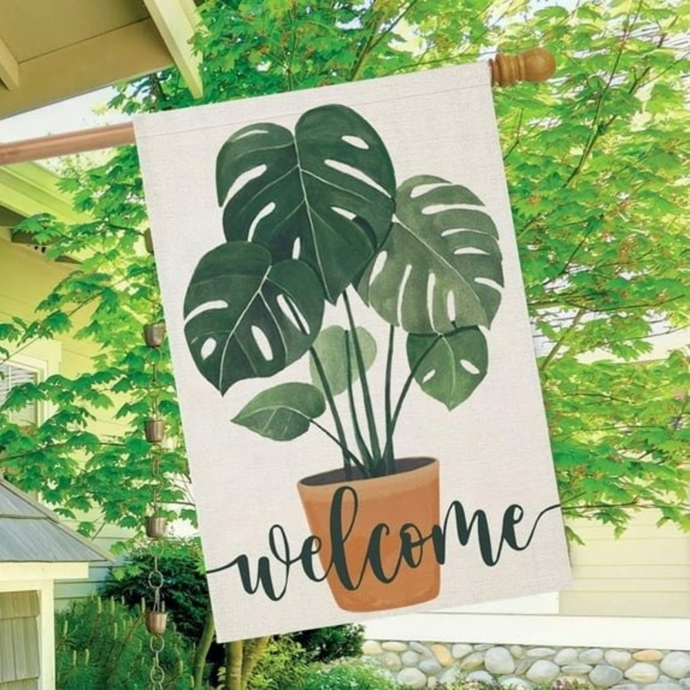 Monstera Deliciosa Welcome House Flag 28x40 Double Sided Botanical Garden Banner